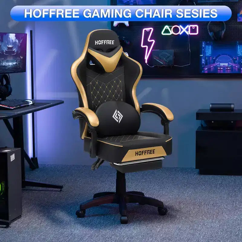 Chaise gaming de massage Hoffree en cuir, chaise de bureau PC ergonomique avec haut-parleur Bluetooth et repose-pieds