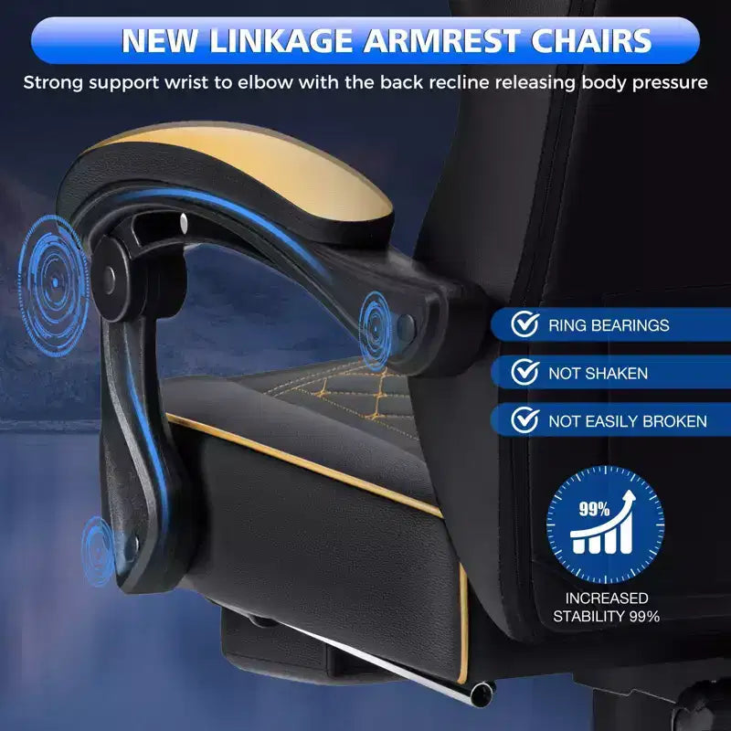 Chaise gaming de massage Hoffree en cuir, chaise de bureau PC ergonomique avec haut-parleur Bluetooth et repose-pieds