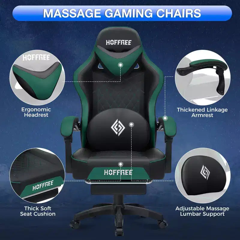 Chaise gaming de massage Hoffree en cuir, chaise de bureau PC ergonomique avec haut-parleur Bluetooth et repose-pieds