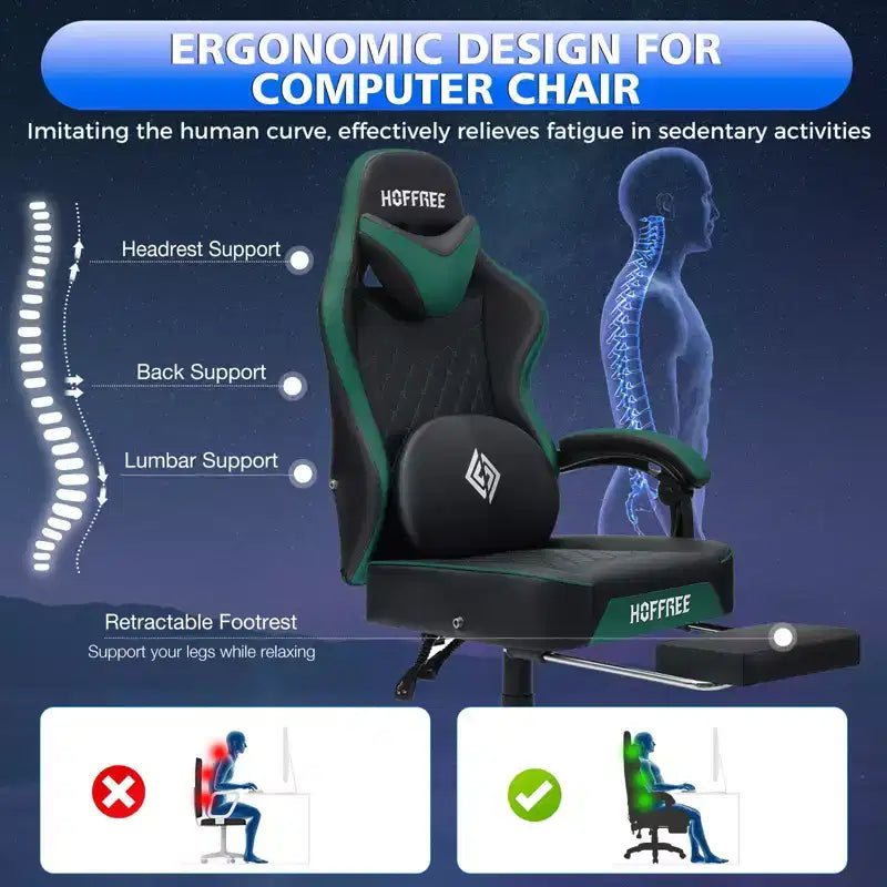 Chaise gaming de massage Hoffree en cuir, chaise de bureau PC ergonomique avec haut-parleur Bluetooth et repose-pieds