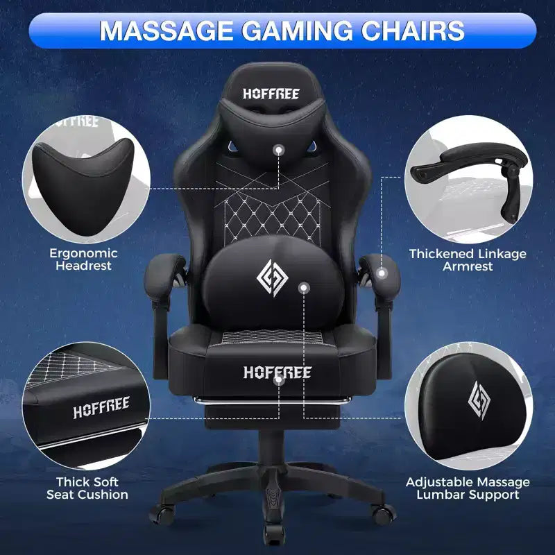 Chaise gaming de massage Hoffree en cuir, chaise de bureau PC ergonomique avec haut-parleur Bluetooth et repose-pieds