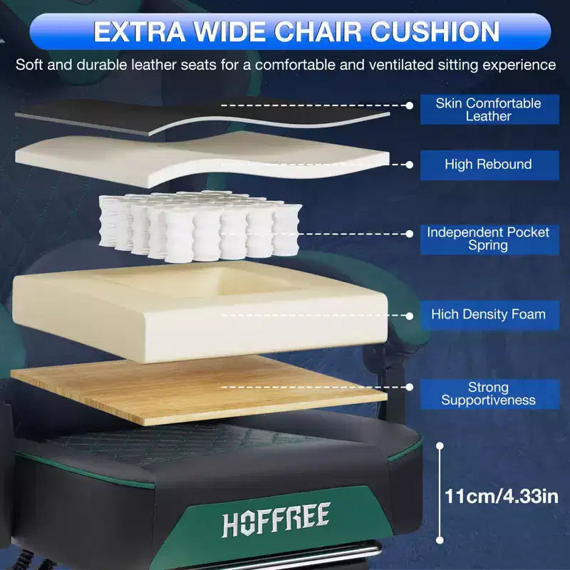Chaise gaming de massage Hoffree en cuir, chaise de bureau PC ergonomique avec haut-parleur Bluetooth et repose-pieds