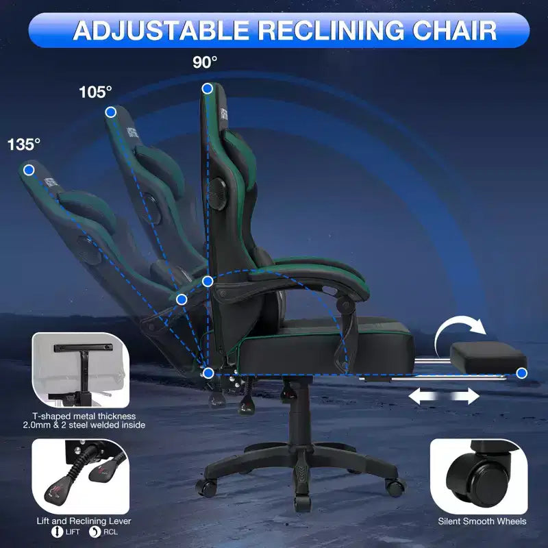 Chaise gaming de massage Hoffree en cuir, chaise de bureau PC ergonomique avec haut-parleur Bluetooth et repose-pieds