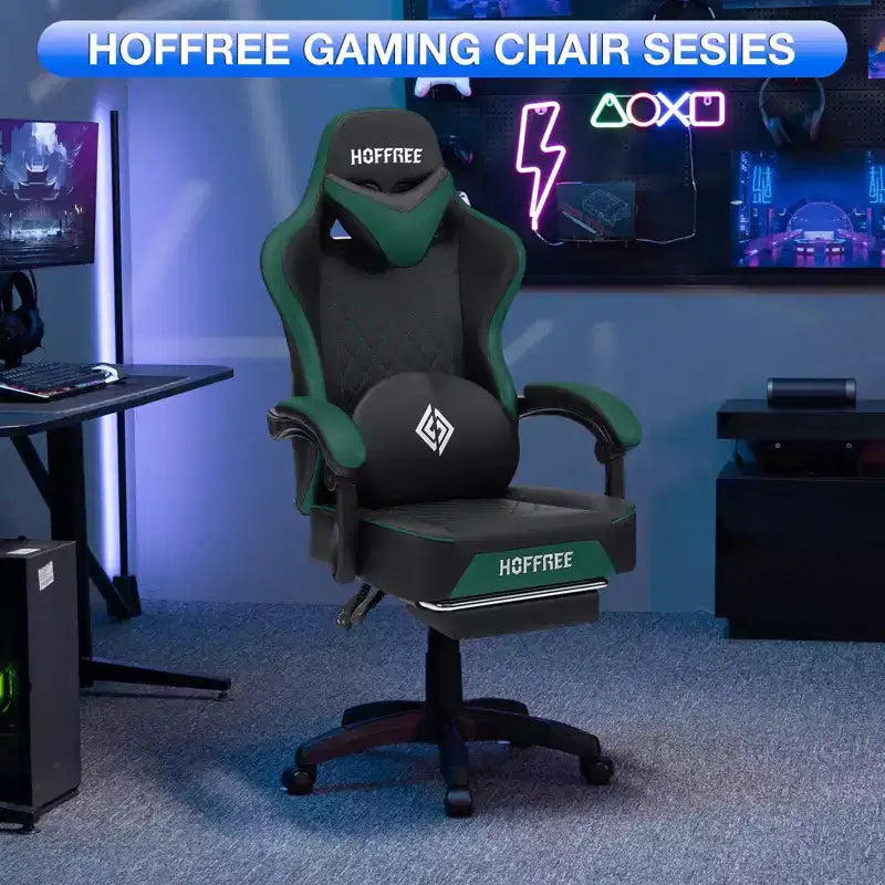 Chaise gaming de massage Hoffree en cuir, chaise de bureau PC ergonomique avec haut-parleur Bluetooth et repose-pieds