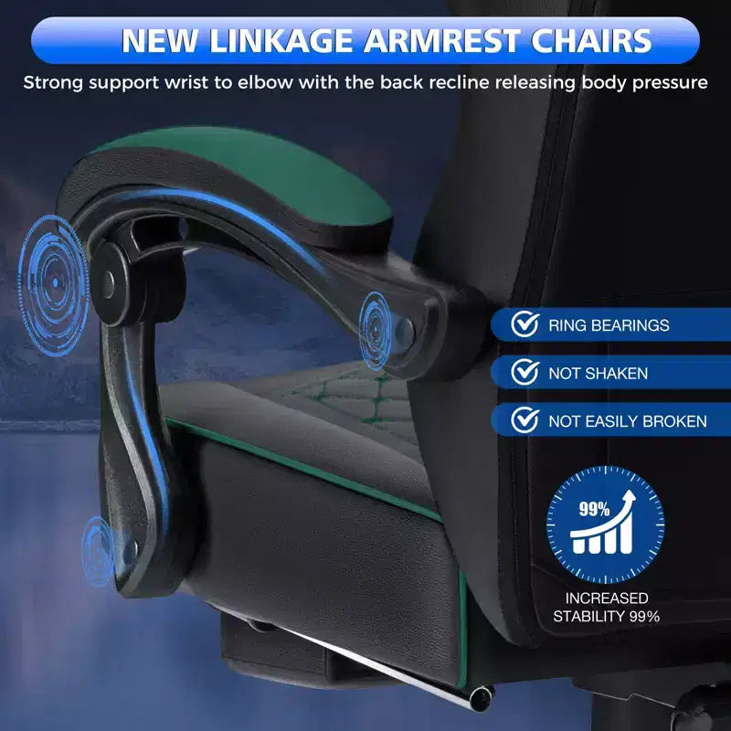 Chaise gaming de massage Hoffree en cuir, chaise de bureau PC ergonomique avec haut-parleur Bluetooth et repose-pieds