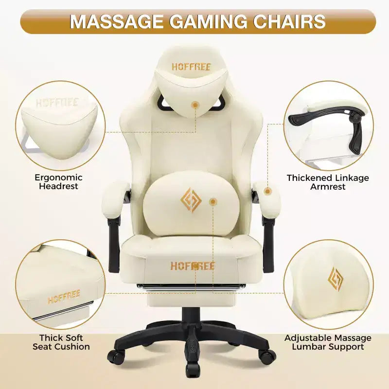Chaise gaming de massage Hoffree en cuir, chaise de bureau PC ergonomique avec haut-parleur Bluetooth et repose-pieds