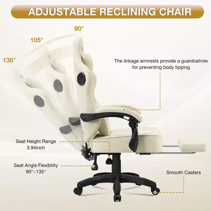 Chaise gaming de massage Hoffree en cuir, chaise de bureau PC ergonomique avec haut-parleur Bluetooth et repose-pieds
