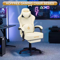 Chaise gaming de massage Hoffree en cuir, chaise de bureau PC ergonomique avec haut-parleur Bluetooth et repose-pieds