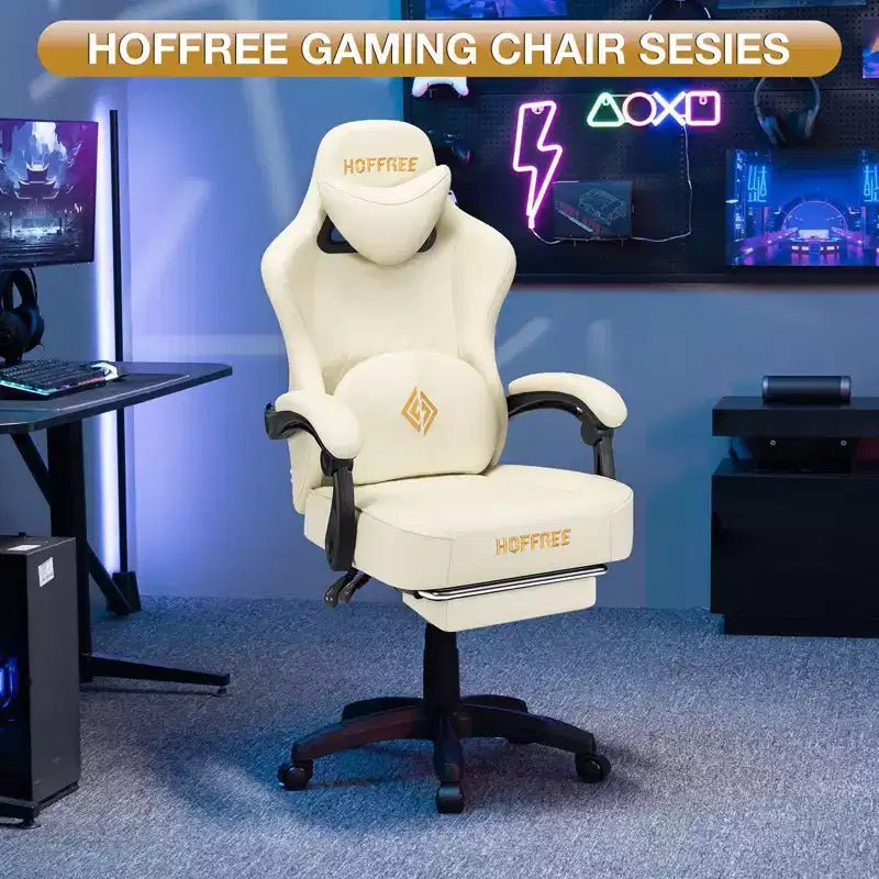 Chaise gaming de massage Hoffree en cuir, chaise de bureau PC ergonomique avec haut-parleur Bluetooth et repose-pieds