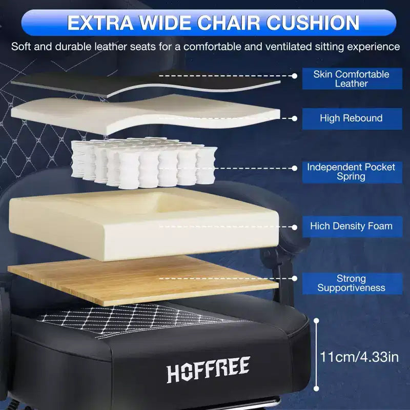 Chaise gaming de massage Hoffree en cuir, chaise de bureau PC ergonomique avec haut-parleur Bluetooth et repose-pieds