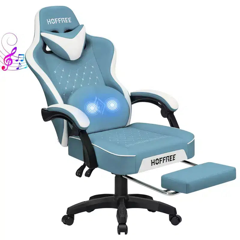 Chaise gaming de massage Hoffree en cuir, chaise de bureau PC ergonomique avec haut-parleur Bluetooth et repose-pieds