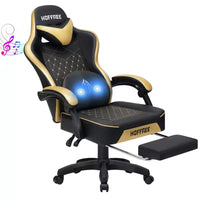 Chaise gaming de massage Hoffree en cuir, chaise de bureau PC ergonomique avec haut-parleur Bluetooth et repose-pieds