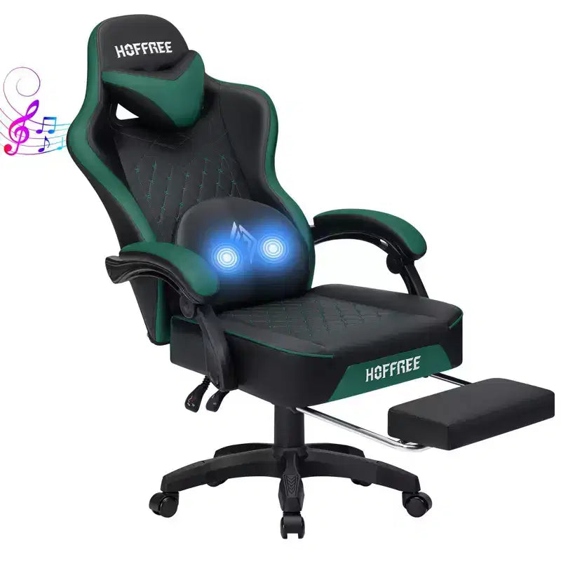 Chaise gaming de massage Hoffree en cuir, chaise de bureau PC ergonomique avec haut-parleur Bluetooth et repose-pieds