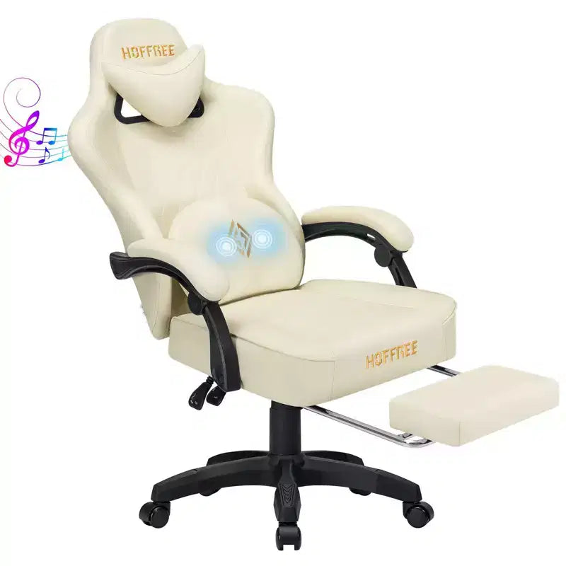 Chaise gaming de massage Hoffree en cuir, chaise de bureau PC ergonomique avec haut-parleur Bluetooth et repose-pieds