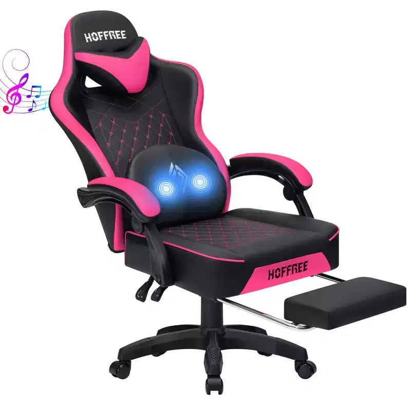 Chaise gaming de massage Hoffree en cuir, chaise de bureau PC ergonomique avec haut-parleur Bluetooth et repose-pieds