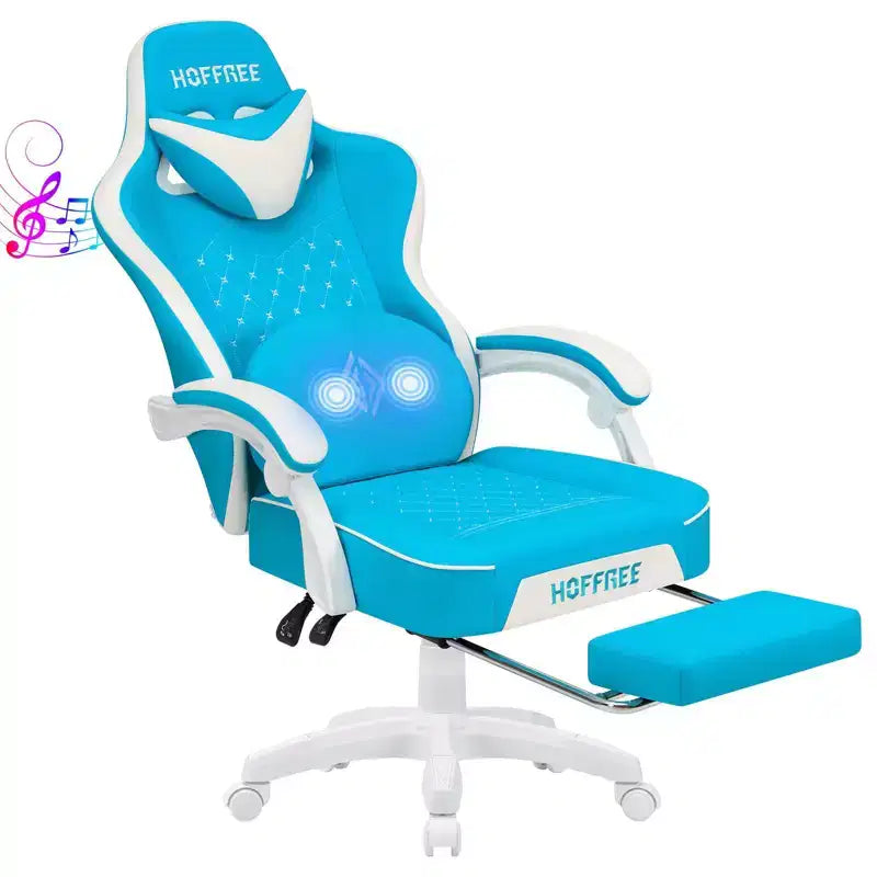 Chaise gaming de massage Hoffree en cuir, chaise de bureau PC ergonomique avec haut-parleur Bluetooth et repose-pieds