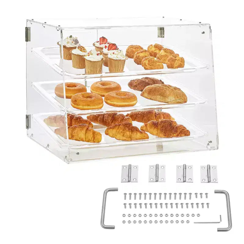 Vitrine à pâtisserie VEVOR, vitrine commerciale de comptoir à 3 niveaux pour boulangerie, présentoir en acrylique avec accès par porte arrière, 20,7x14,2x16,3 po