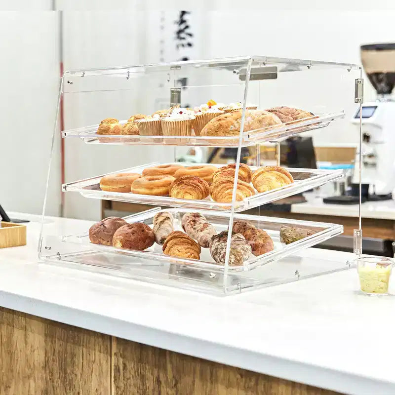 Vitrine à pâtisserie VEVOR, vitrine commerciale de comptoir à 3 niveaux pour boulangerie, présentoir en acrylique avec accès par porte arrière, 20,7x14,2x16,3 po