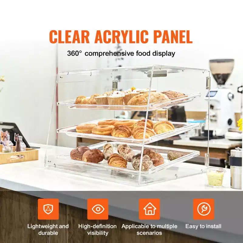 Vitrine à pâtisserie VEVOR, vitrine commerciale de comptoir à 3 niveaux pour boulangerie, présentoir en acrylique avec accès par porte arrière, 20,7x14,2x16,3 po
