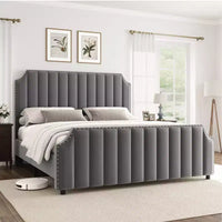 Cadre de lit WhizMax Grand lit/Très grand lit avec tête de lit de 127,5 cm de hauteur, cadre de lit Queen en velours avec tête et pied de lit touffetés à canaux verticaux