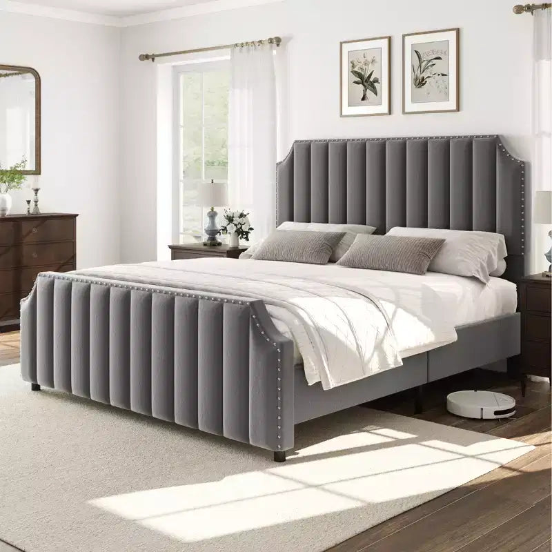 WhizMax - Cadre de lit taille Queen / King avec tête de lit haute 50,2 pouces, cadre de lit tapissé en velours Queen avec tête et pied de lit à capitonnage vertical