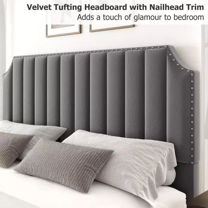 WhizMax - Cadre de lit taille Queen / King avec tête de lit haute 50,2 pouces, cadre de lit tapissé en velours Queen avec tête et pied de lit à capitonnage vertical