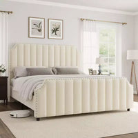 Cadre de lit WhizMax Grand lit/Très grand lit avec tête de lit de 127,5 cm de hauteur, cadre de lit Queen en velours avec tête et pied de lit touffetés à canaux verticaux