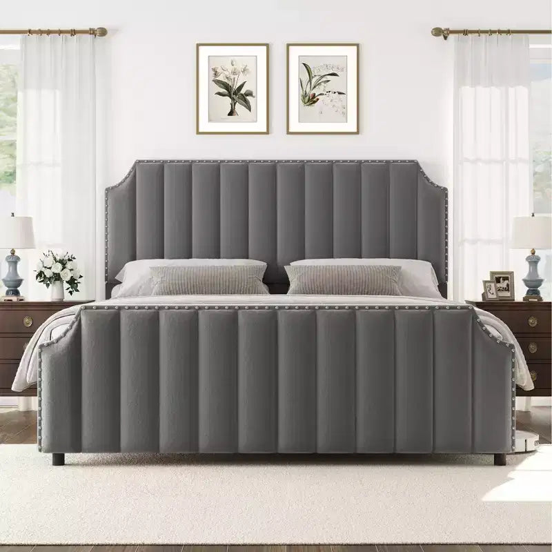 WhizMax - Cadre de lit taille Queen / King avec tête de lit haute 50,2 pouces, cadre de lit tapissé en velours Queen avec tête et pied de lit à capitonnage vertical