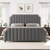Cadre de lit WhizMax Grand lit/Très grand lit avec tête de lit de 127,5 cm de hauteur, cadre de lit Queen en velours avec tête et pied de lit touffetés à canaux verticaux