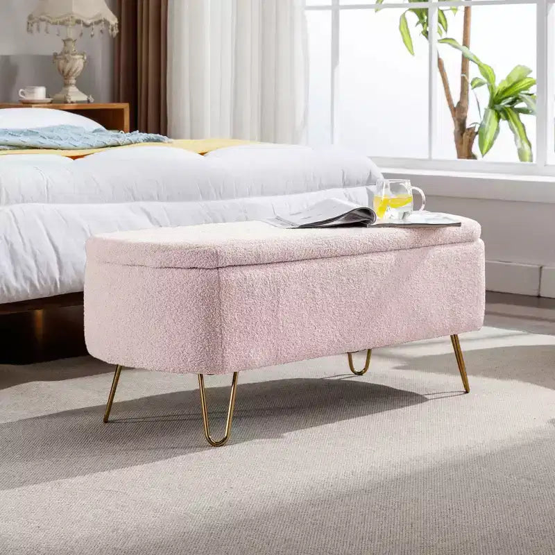 Zeus & Ruta Banc pouf de rangement moderne rembourré pour pied de lit, pieds dorés