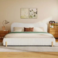 Christopher Knight Home Merrill - Lit plateforme tapissé en tissu bouclé avec tête de lit ondulée et surpiqûres verticales, blanc