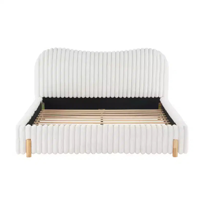 Christopher Knight Home Merrill - Lit plateforme tapissé en tissu bouclé avec tête de lit ondulée et surpiqûres verticales, blanc