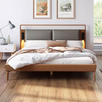 Cadre de lit plateforme en bois taille Full / Queen / King avec tête de lit tapissée en PU et 2 veilleuses, marron + gris - Christopher Knight Home