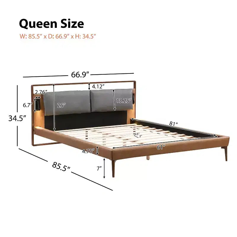 Cadre de lit plateforme en bois taille Full / Queen / King avec tête de lit tapissée en PU et 2 veilleuses, marron + gris - Christopher Knight Home