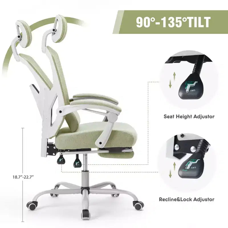 Chaise gaming ergonomique en maille JIONJOY avec repose-pieds - inclinaison 90-135, soutien lombaire et appui-tête réglables