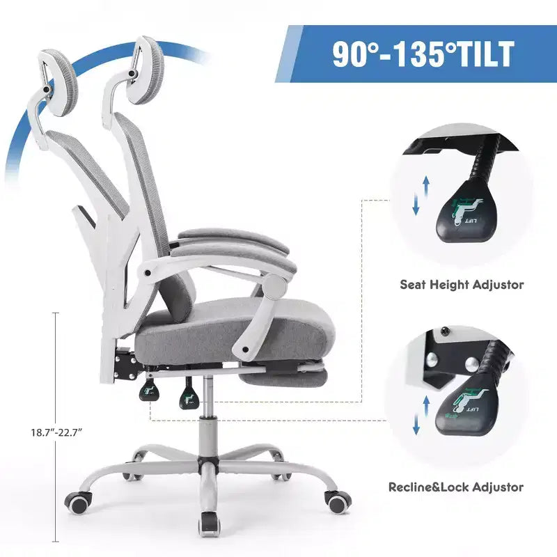 Chaise gaming ergonomique en maille JIONJOY avec repose-pieds - inclinaison 90-135, soutien lombaire et appui-tête réglables