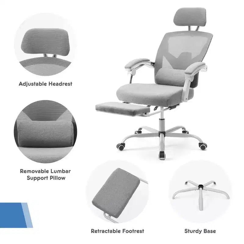 Chaise gaming ergonomique en maille JIONJOY avec repose-pieds - inclinaison 90-135, soutien lombaire et appui-tête réglables