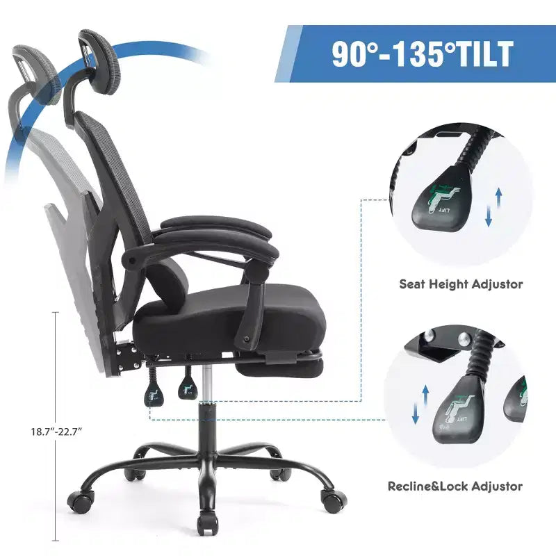 Chaise gaming ergonomique en maille JIONJOY avec repose-pieds - inclinaison 90-135, soutien lombaire et appui-tête réglables
