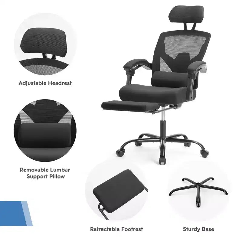 Chaise gaming ergonomique en maille JIONJOY avec repose-pieds - inclinaison 90-135, soutien lombaire et appui-tête réglables