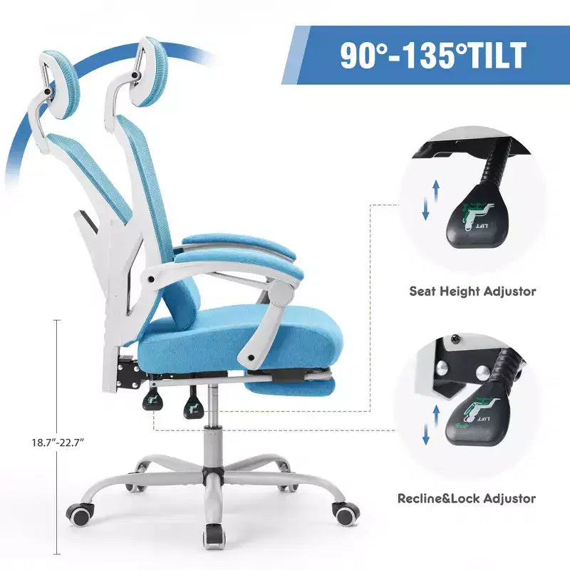 Chaise gaming ergonomique en maille JIONJOY avec repose-pieds - inclinaison 90-135, soutien lombaire et appui-tête réglables