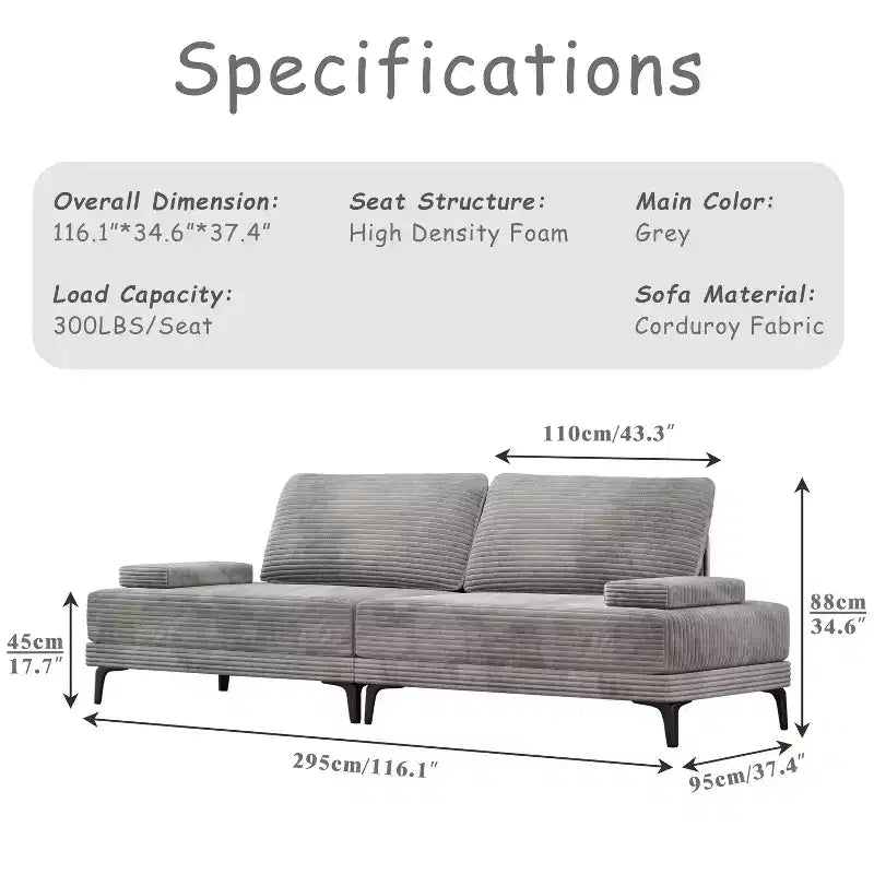 Canapé sectionnel ATJafurn 116 pouces surdimensionné gris en velours côtelé 4 places moderne modulaire sans accoudoirs avec coussins amovibles pour salon