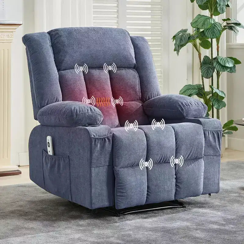 Fauteuil Inclinable Massant et Chauffant Extra Large à Bascule avec Télécommande, 3 Positions Ajustables, Porte-Gobelets et Support Lombaire pour Personnes Fortes et de Grande Taille