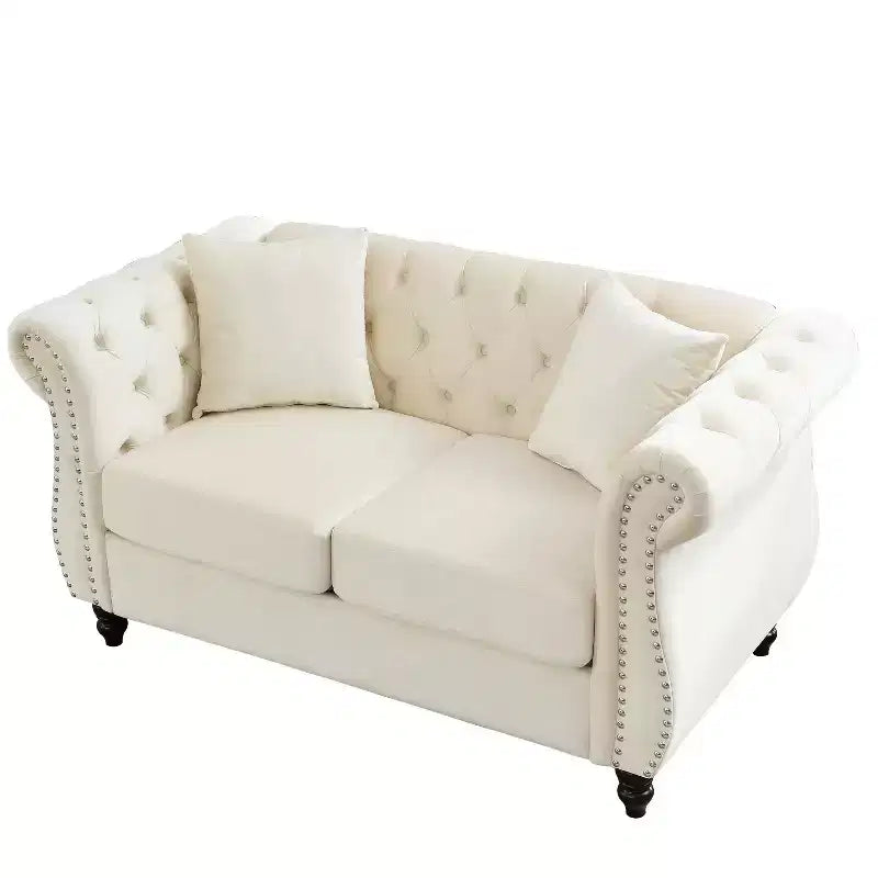 Canapé Chesterfield 58.8 beige en velours pour salon, canapé 2 places capitonné avec accoudoirs roulés et clous pour salon