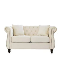 Canapé Chesterfield 58.8 beige en velours pour salon, canapé 2 places capitonné avec accoudoirs roulés et clous pour salon