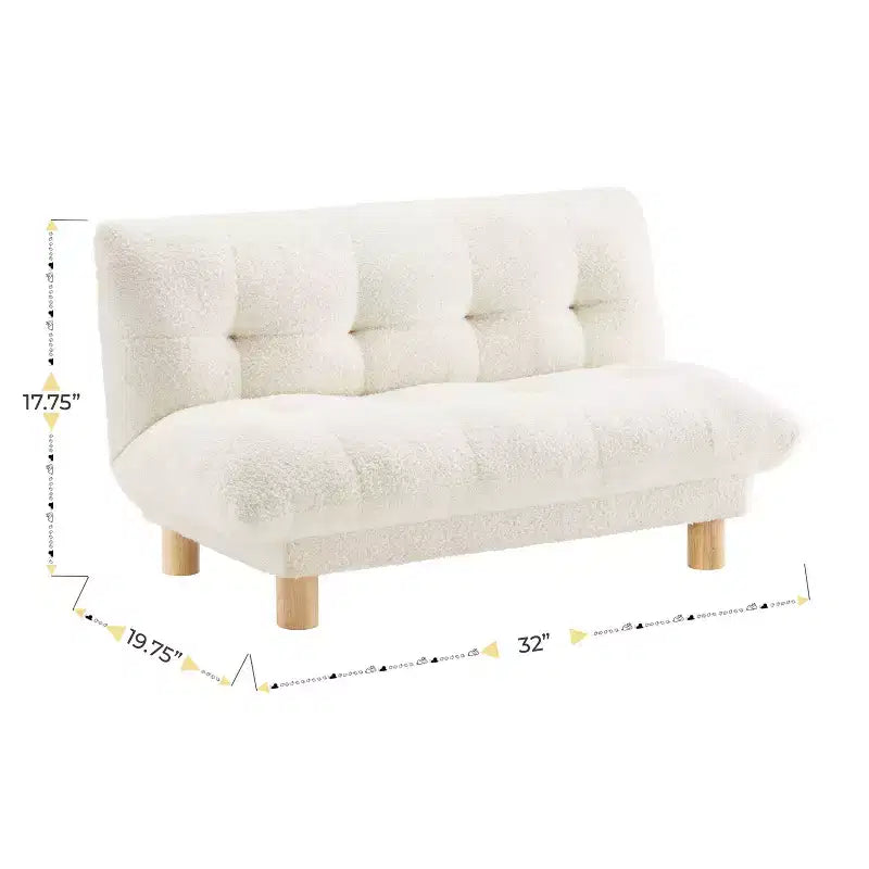 Canapé pour enfants rembourré en fausse fourrure d'agneau Buzz & Bloom avec assise et dossier capitonnés, pieds en bois, coloris marshmallow