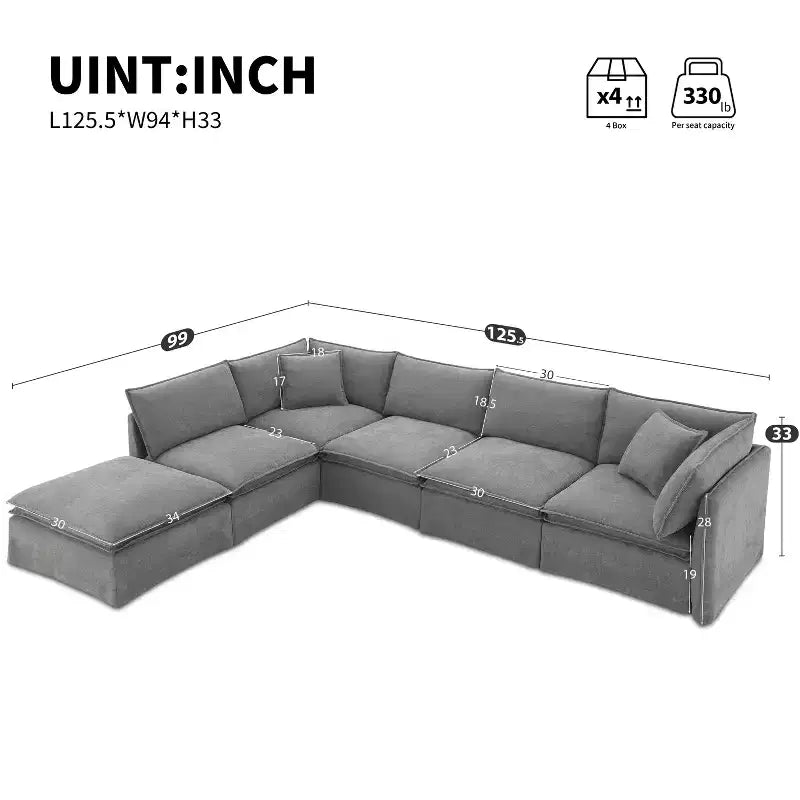 Whisen Canapé sectionnel modulaire 6 places 125,5 avec pouf mobile Tissu chenille siège large Combinaison libre pour salon appartement