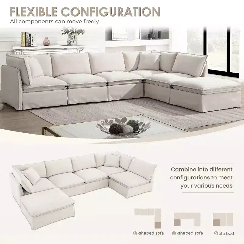 Canapé sectionnel modulaire Whisen 125.5 à 6 places avec pouf amovible, assise large, chenille, combinaison libre pour salon ou appartement
