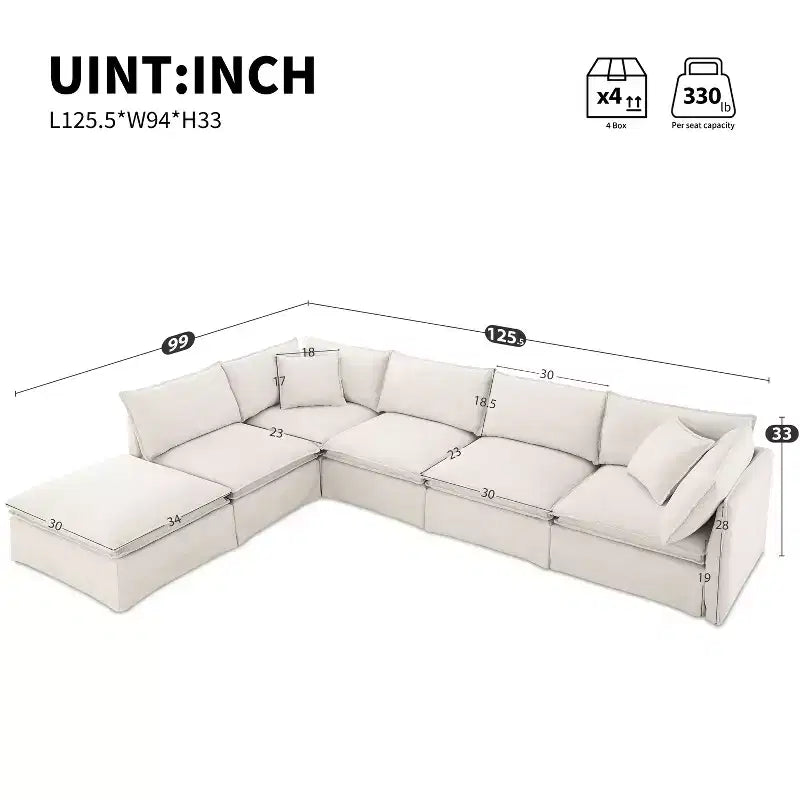 Canapé sectionnel modulaire Whisen 125.5 à 6 places avec pouf amovible, assise large, chenille, combinaison libre pour salon ou appartement