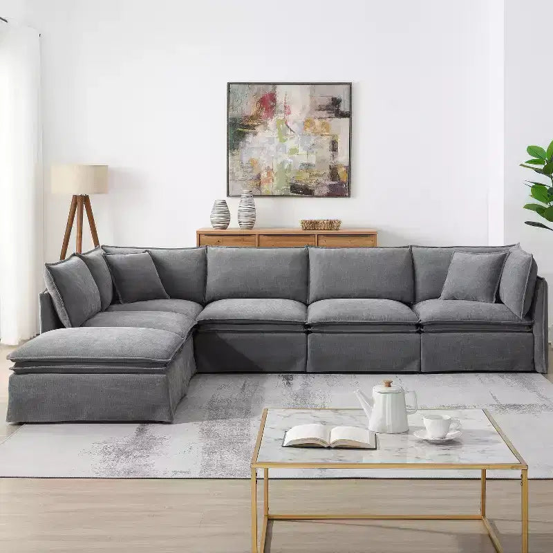 Canapé sectionnel modulaire Whisen 125.5 à 6 places avec pouf amovible, assise large, chenille, combinaison libre pour salon ou appartement