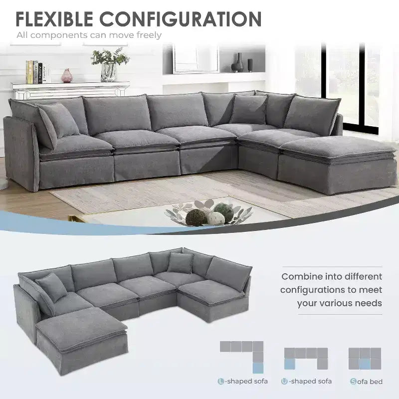 Canapé sectionnel modulaire Whisen 125.5 à 6 places avec pouf amovible, assise large, chenille, combinaison libre pour salon ou appartement